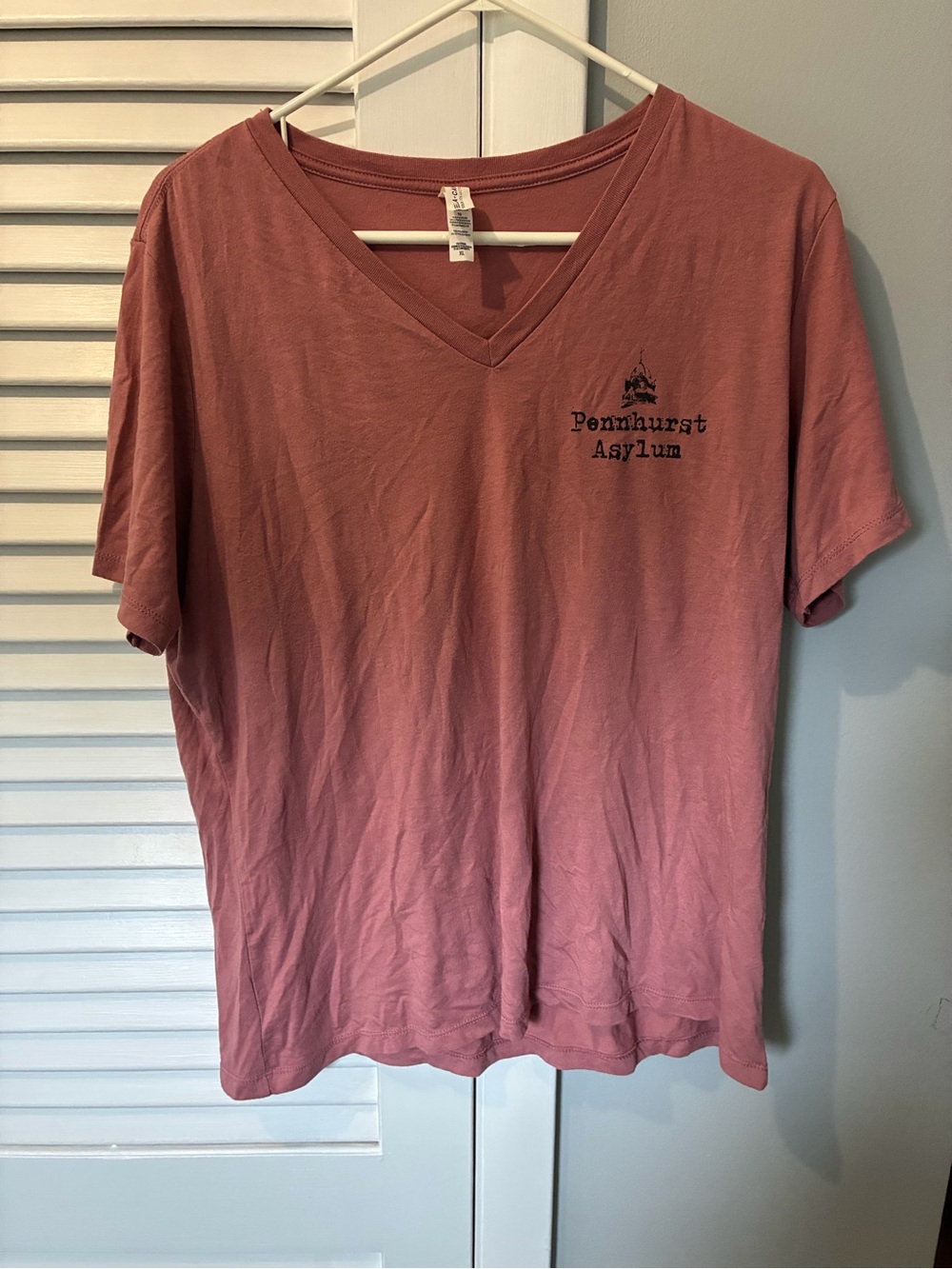 Pennhurst Asylum Skull Graphic Women’s  V-Neck T-Shirt in Dusty Rose